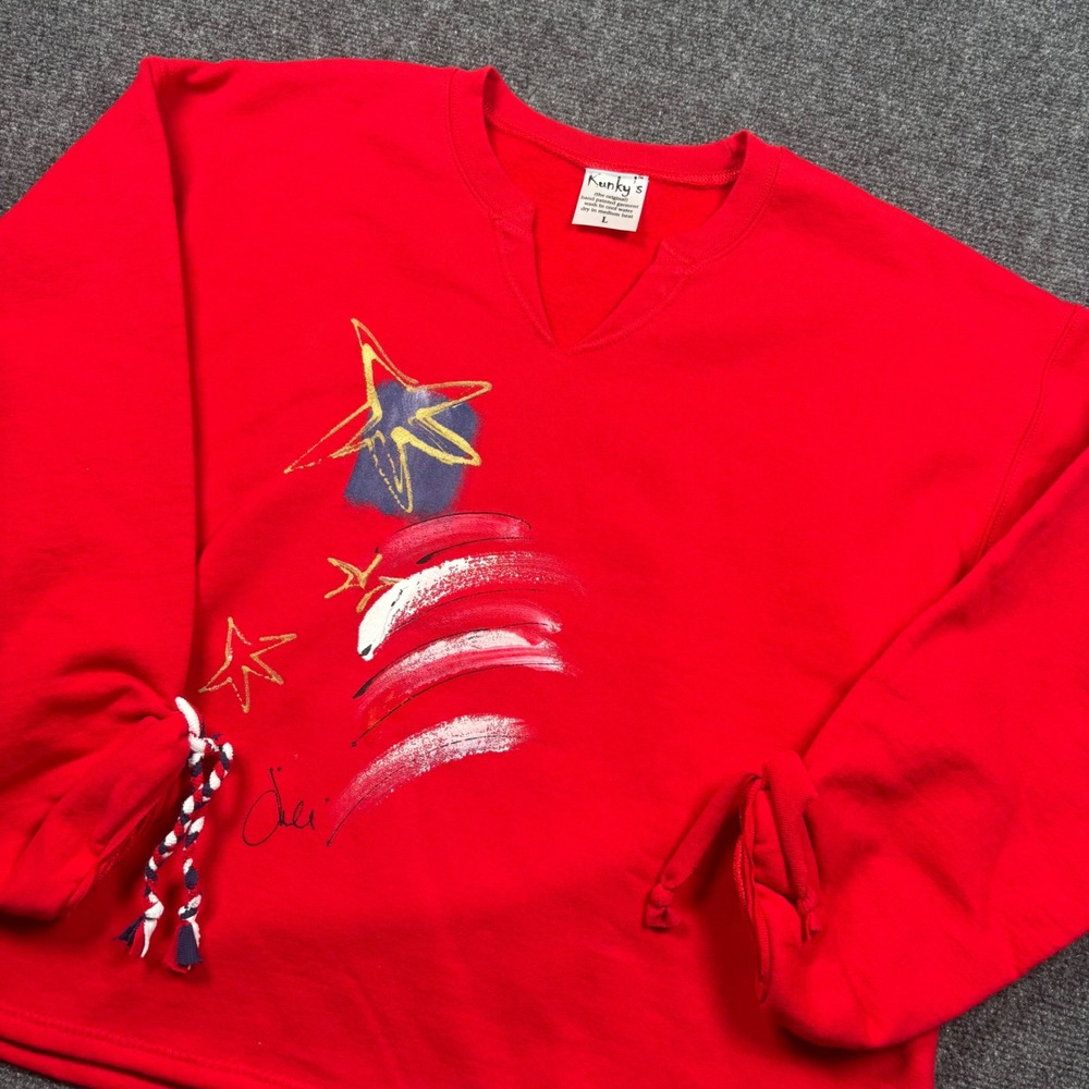 Kunky's Sweatshirt Womens Large Red Hand Painted Stars Patriotic V-Neck Pullover
